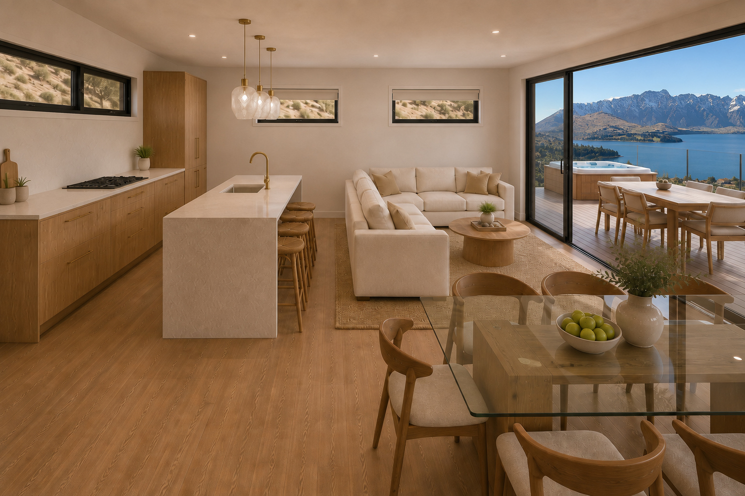 Oak House kitchen and living space overlooking Lake Wakatipu